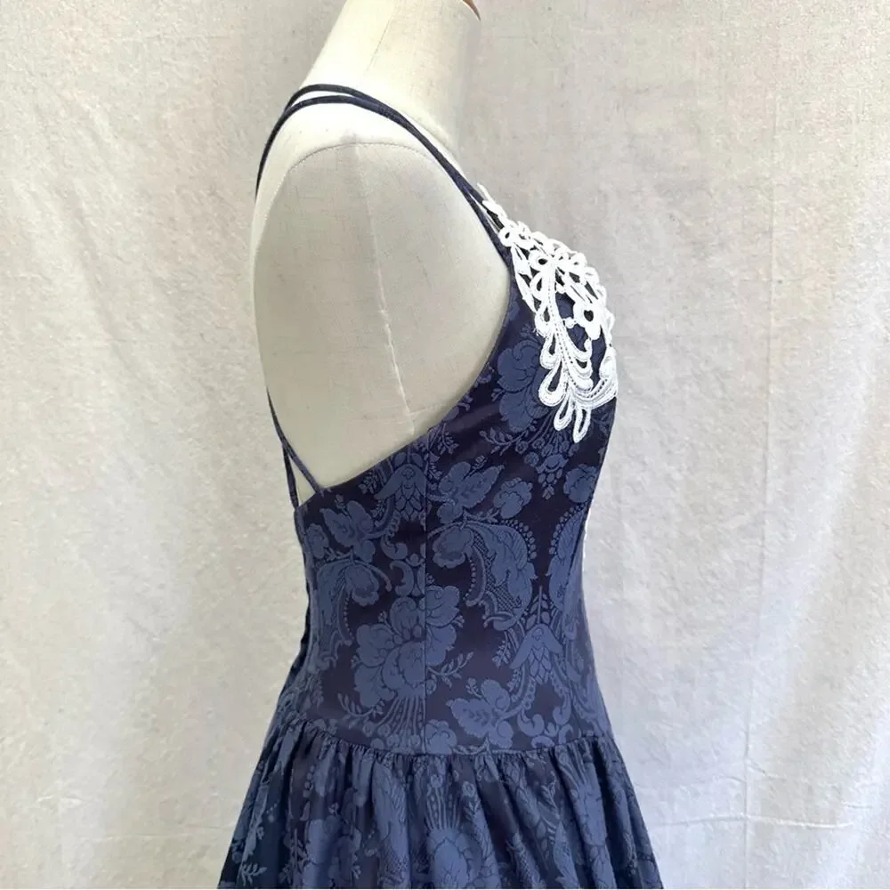 Gunne Sax vintage 80s navy brocade tea length‎ formal/party dress size 7/8 - Picture 5 of 16